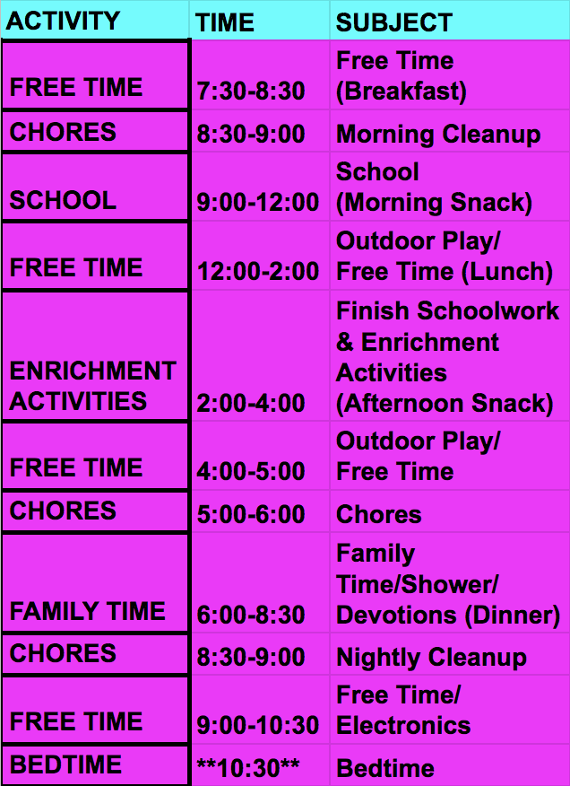 Elearning daily schedule for tweens